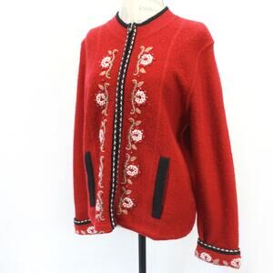Real Comfort Red 100% Wool Sweater Cardigan Zip Embroidered Floral Cottagecore M